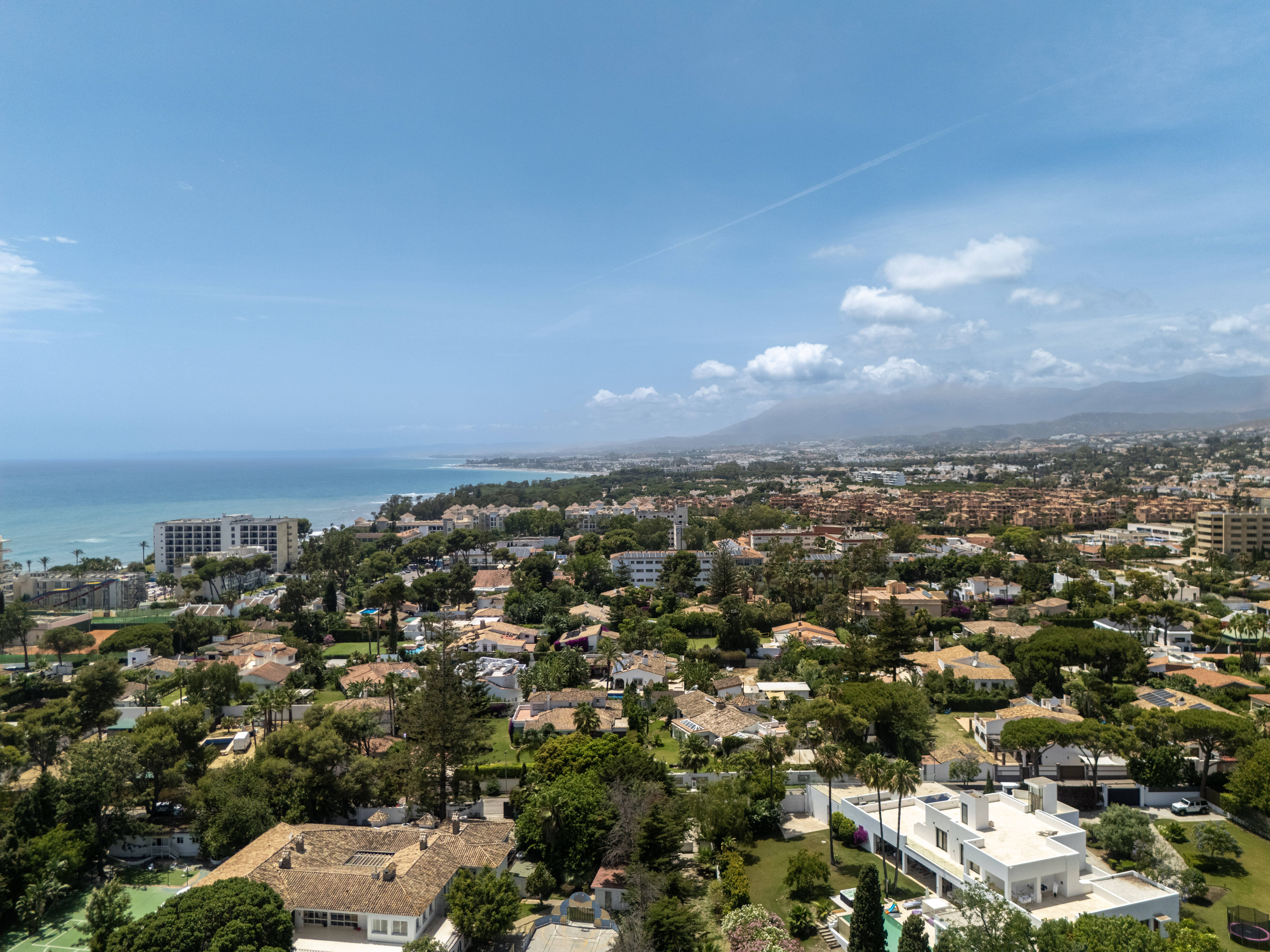 Aerial view of New Golden Mile residential area and coastline, Costa del Sol
