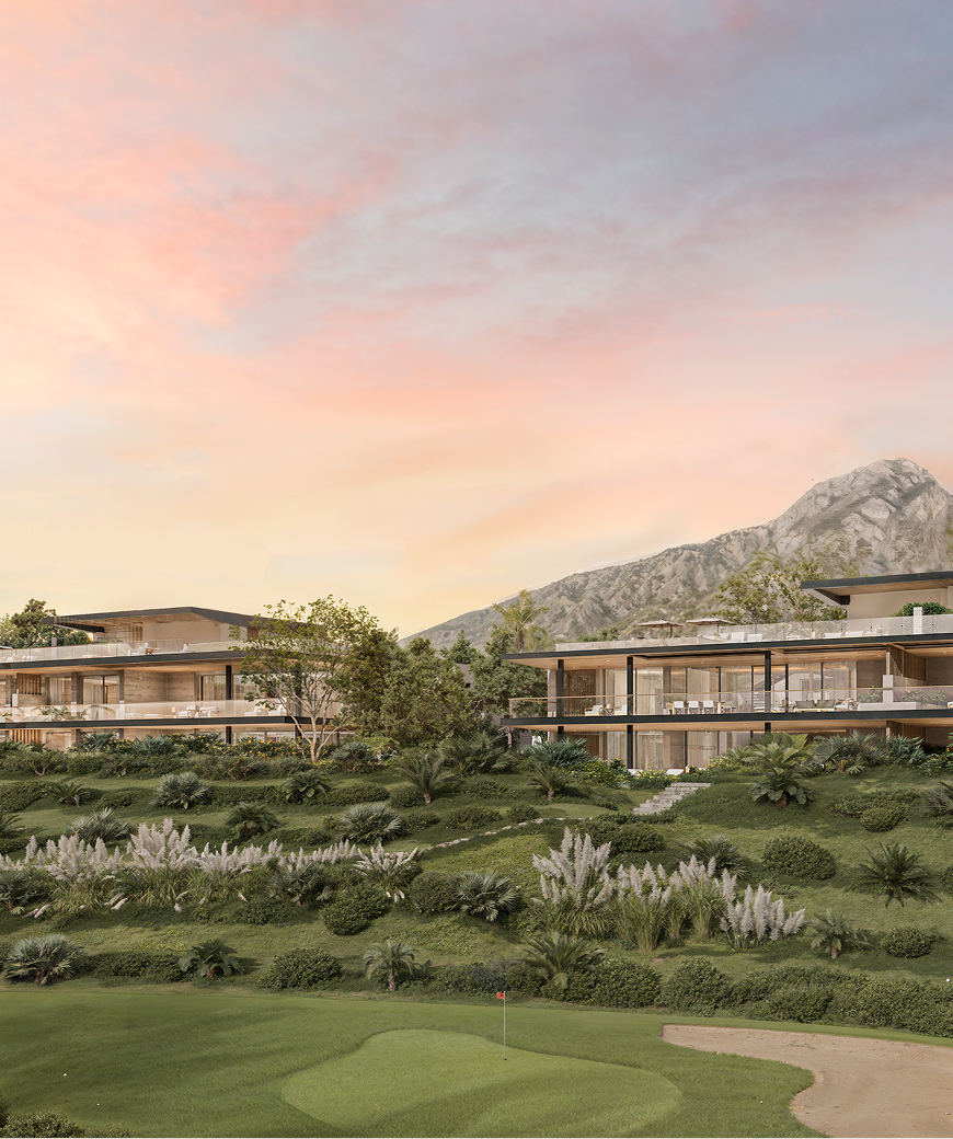 Armani Residences Marbella render viewed from the golf green