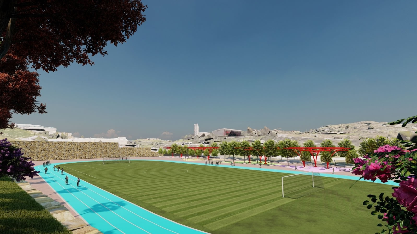 Architectural render of the Estepona velodrome showing the cycling track around the football and rugby pitch