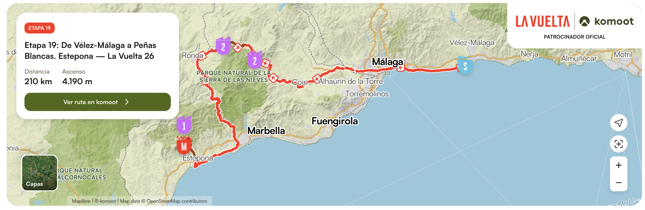 Karte der La Vuelta 2026 Etappe 19 Route von Velez-Malaga zu Penas Blancas in Estepona
