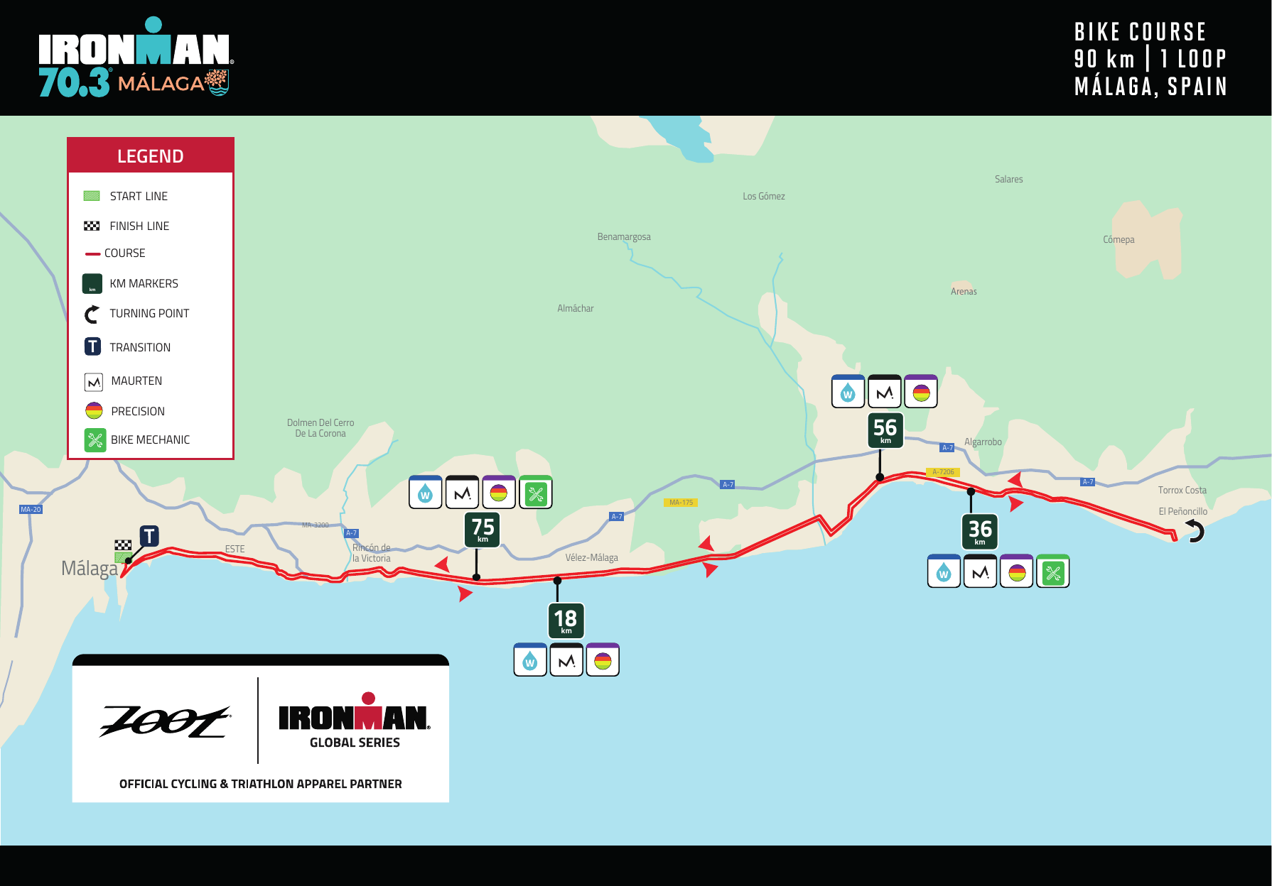 Mapa del recorrido en bicicleta IRONMAN 70.3 Málaga, circuito de 90km hacia el este en dirección a Torrox Costa
