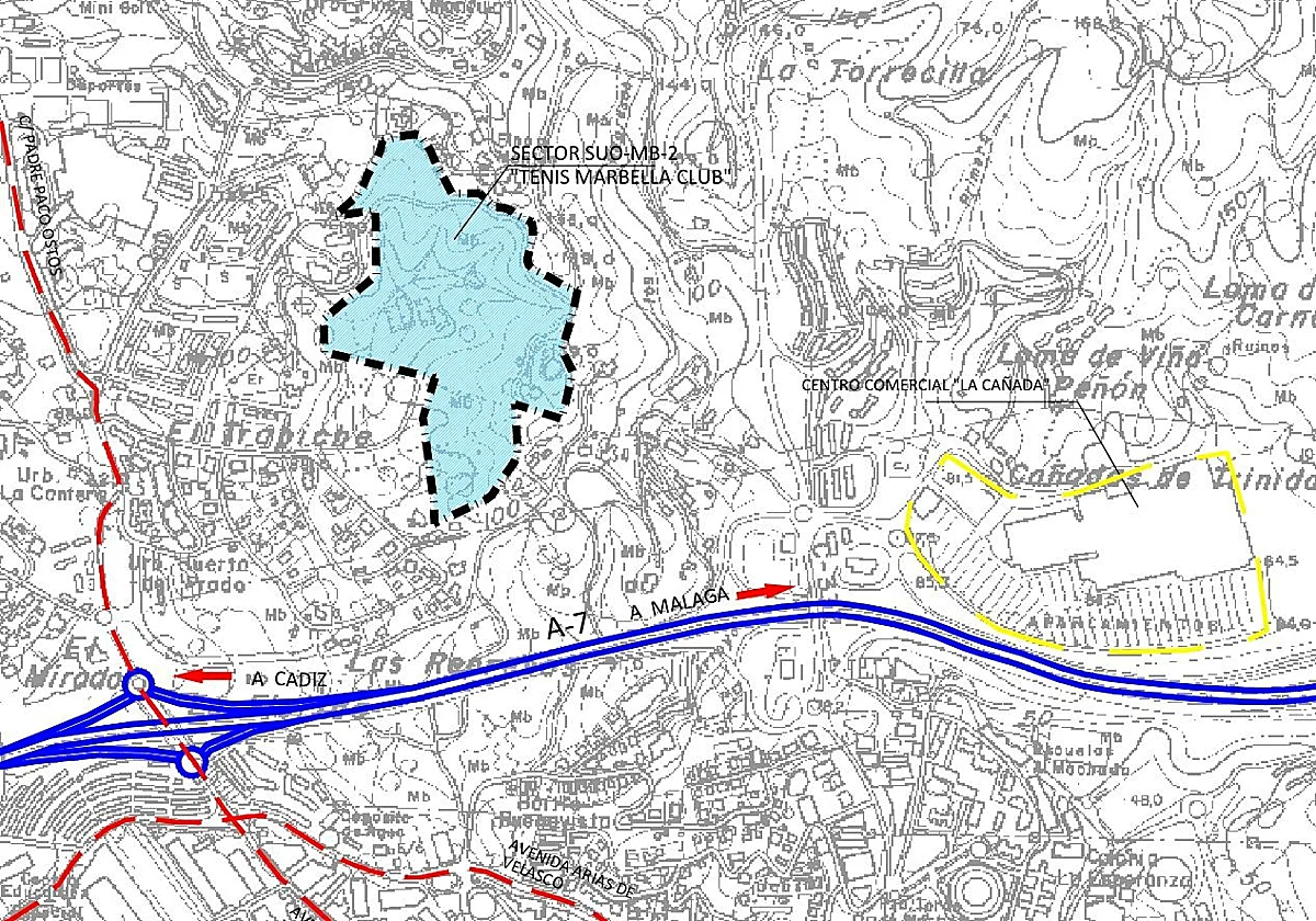Official urban planning sector map for URP-MB-2 Tenis de Marbella, north of the AP-7 near La Cañada shopping centre