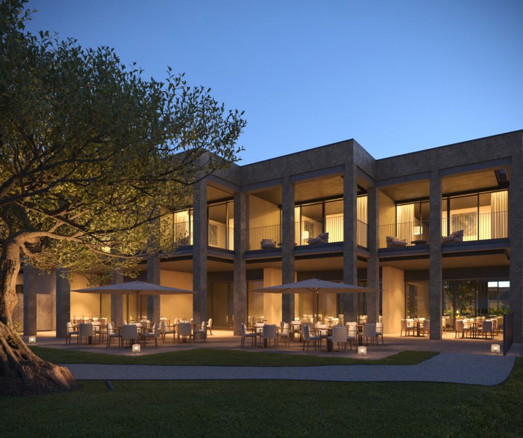 Clínica de longevidad Lanserhof Marbella en Finca Cortesín, render de la terraza al atardecer