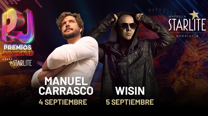 Offizielles Plakat für die Premios Juventud PJ Fest im Starlite Marbella mit Manuel Carrasco am 4. September und Wisin am 5. September