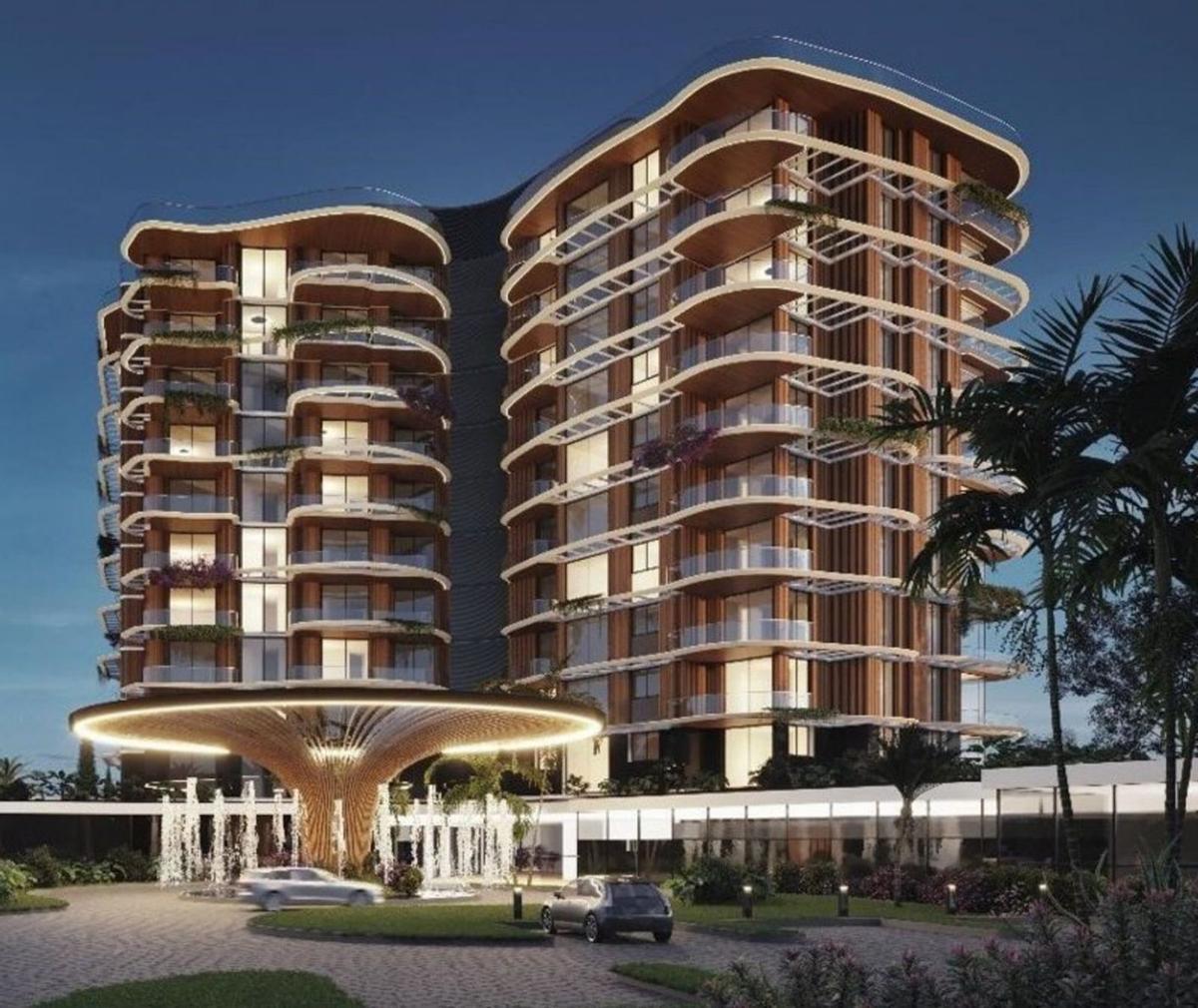 Render de la torre de hotel y residencias de Oakmond Marbella de noche