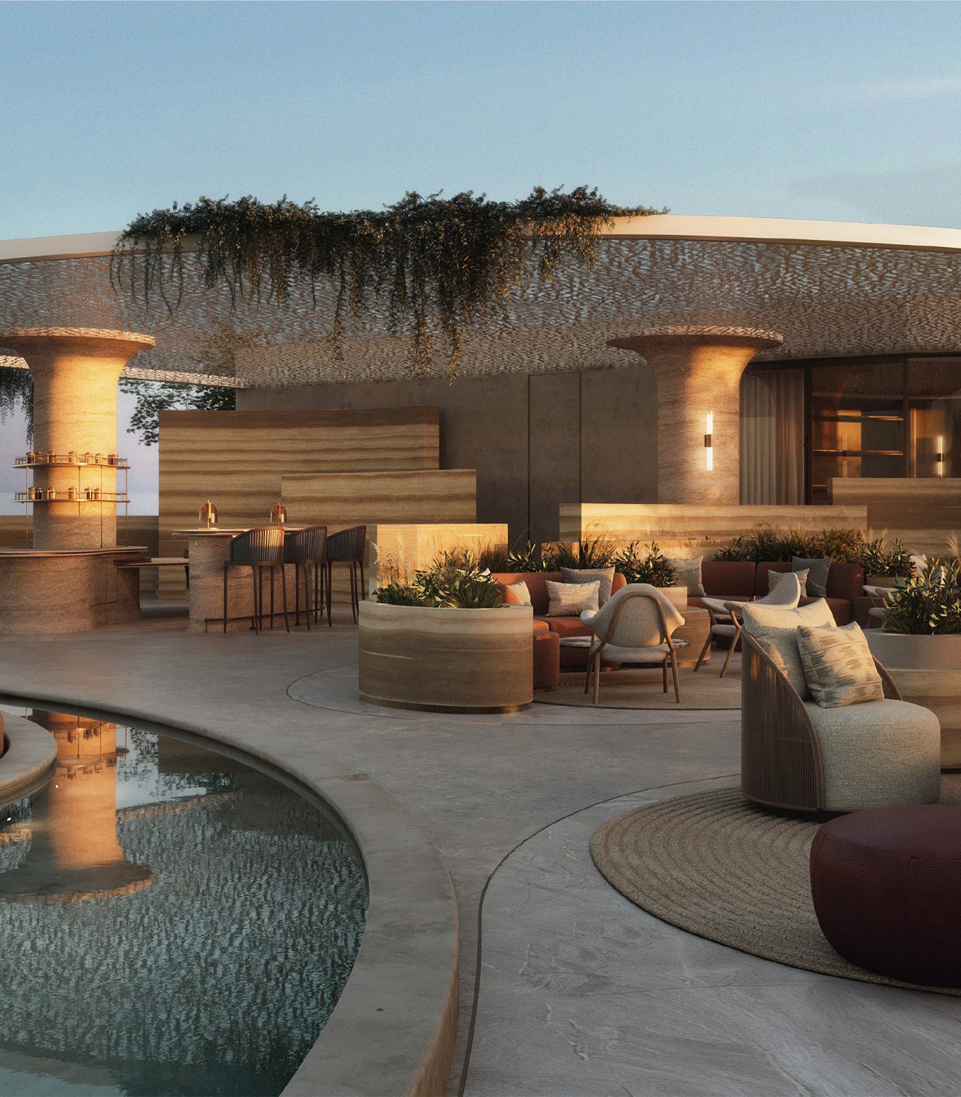 Render de una terraza y piscina en Oakmond Marbella