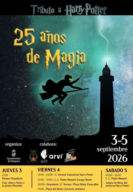 Offizielles Plakat des Rathauses Estepona für Tributo a Harry Potter 25 Anos de Magia, 3. bis 5. September 2026