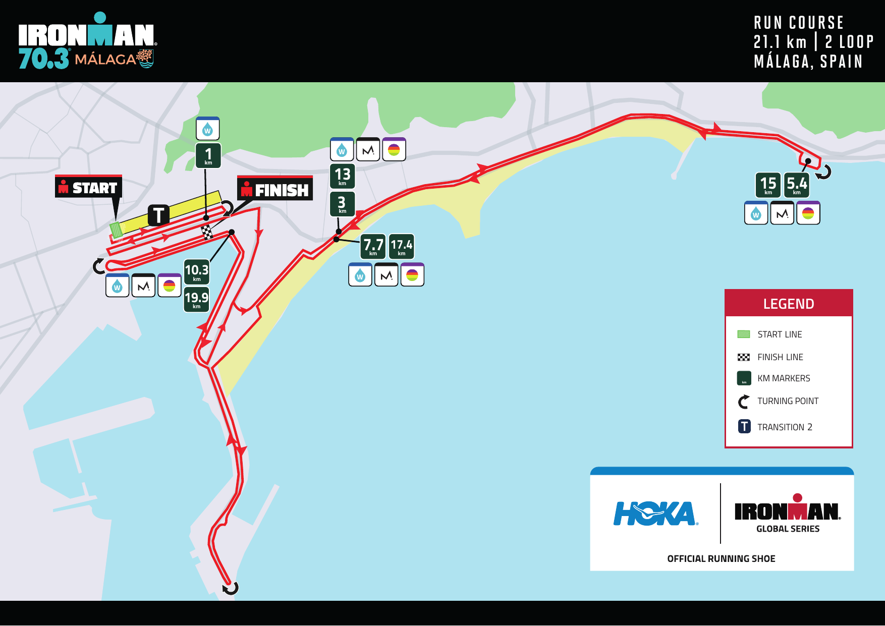 Mapa del recorrido a pie IRONMAN 70.3 Málaga, 21,1km en dos vueltas por el paseo marítimo de Malagueta