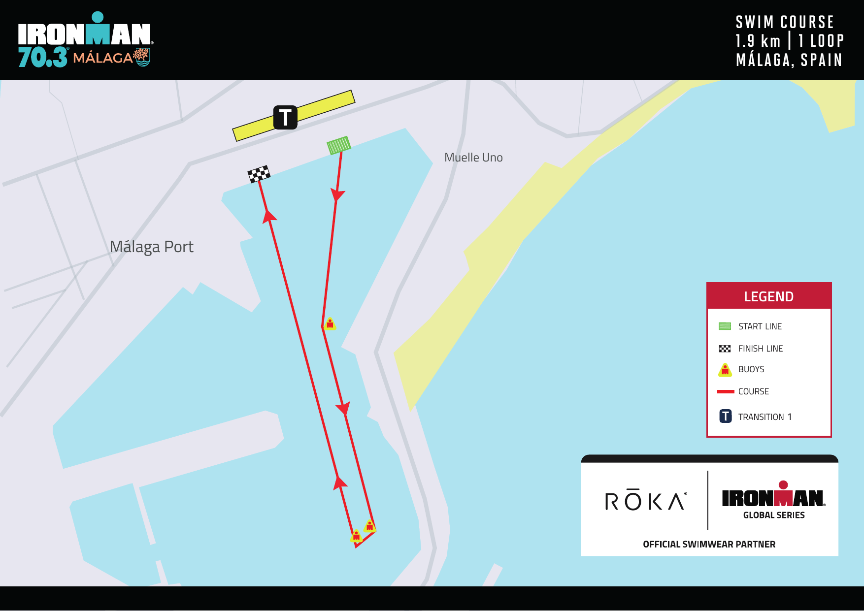 Mapa del recorrido de natación IRONMAN 70.3 Málaga, 1,9km en el Puerto de Málaga