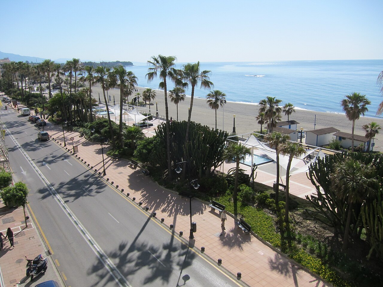 Paseo marítimo arbolado de palmeras y carretera junto a la playa en Estepona