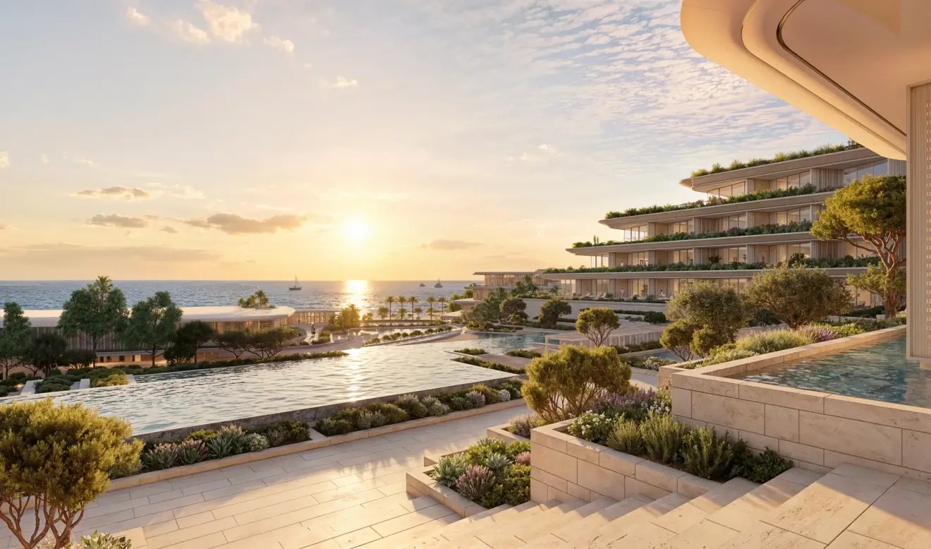 St. Regis Marbella residences render: pools and sea-facing terraces at Las Dunas at sunset