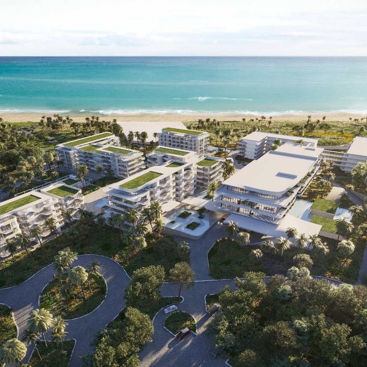 St. Regis Marbella Las Dunas resort aerial render: hotel and residence blocks on the beach at Real de Zaragoza