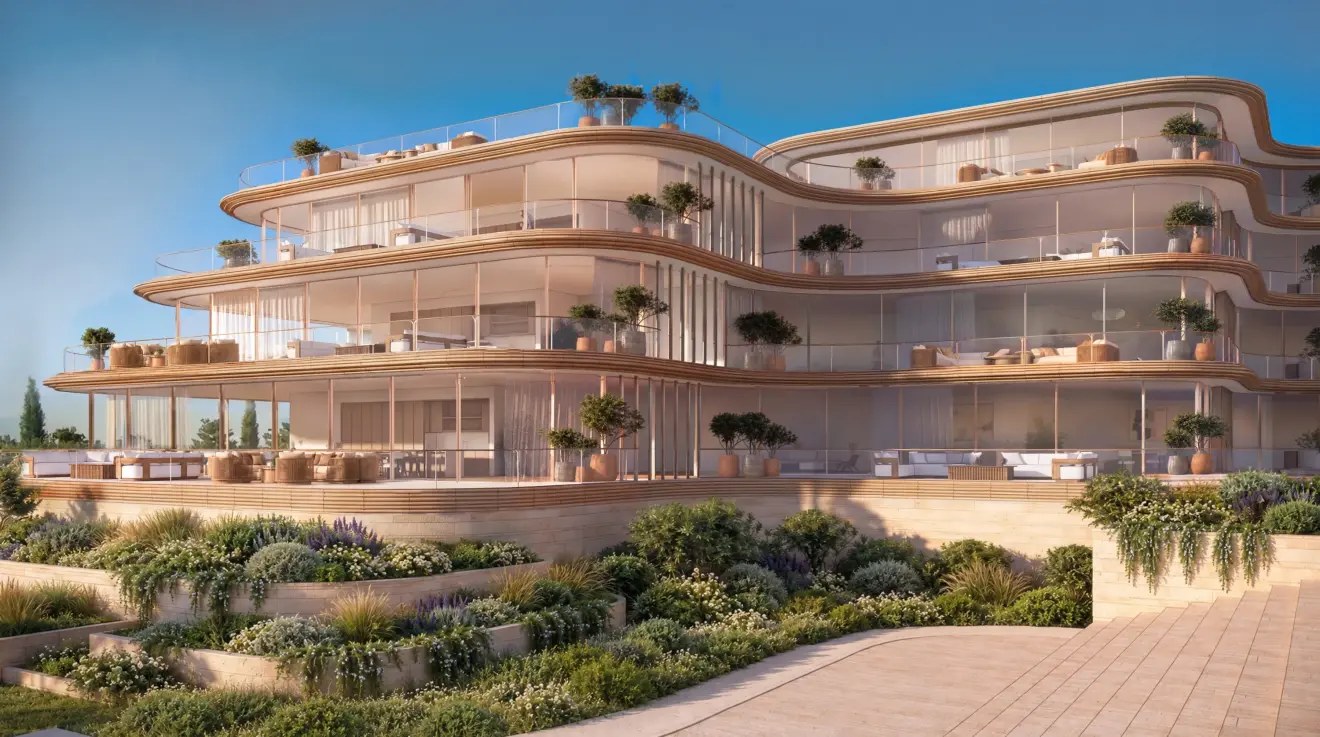 St. Regis Marbella residences render: curved terraces with planting on a sea-facing block at Las Dunas